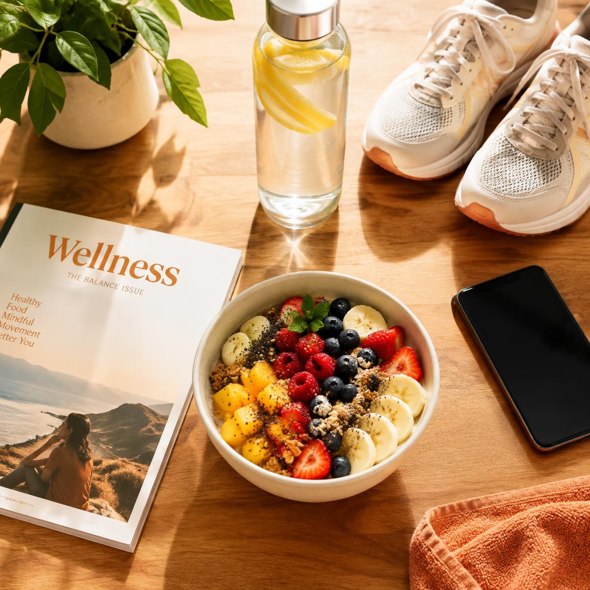 Bowl of fresh fruit, water and running shoes