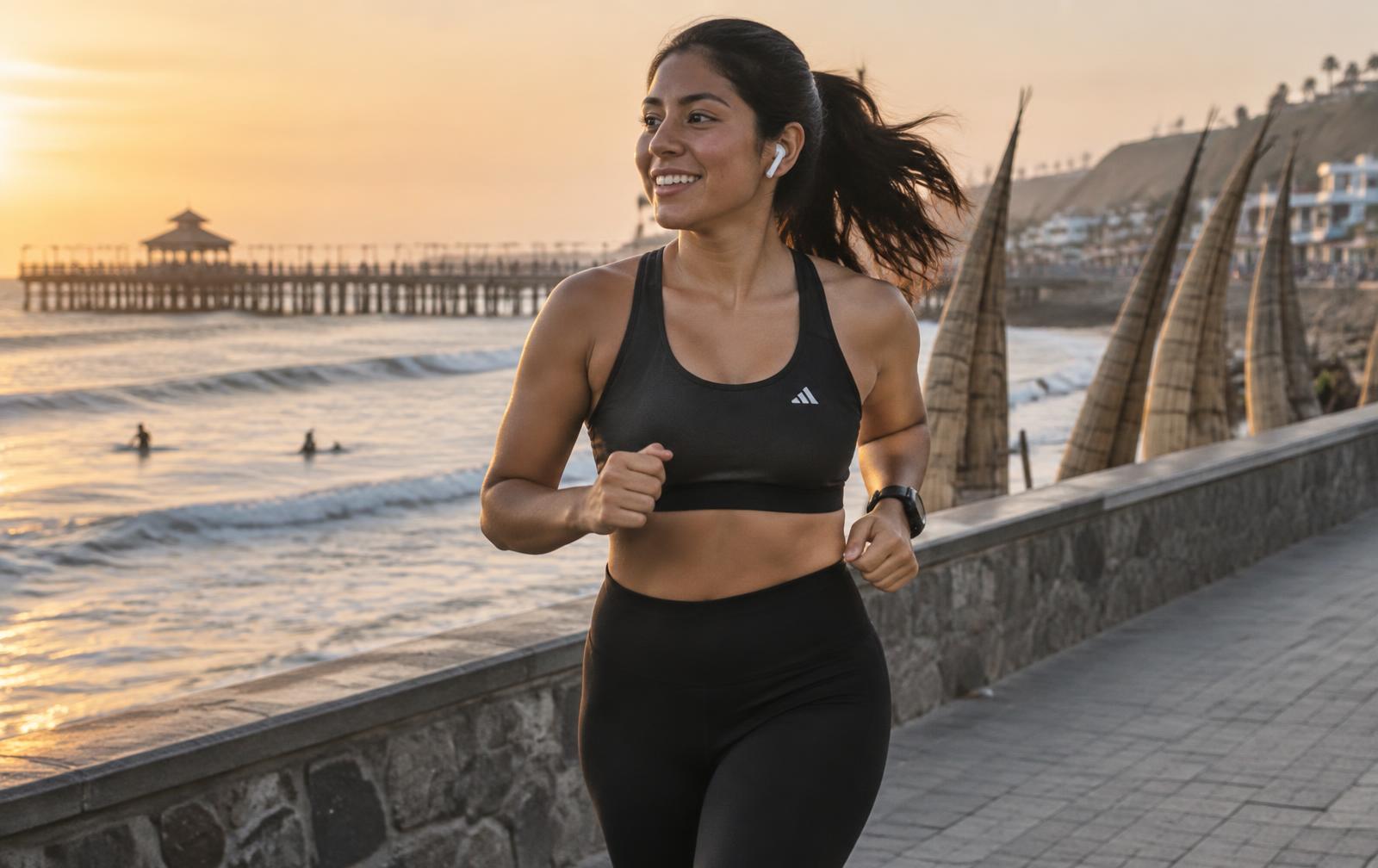 Woman running along the boardwalk at sunset