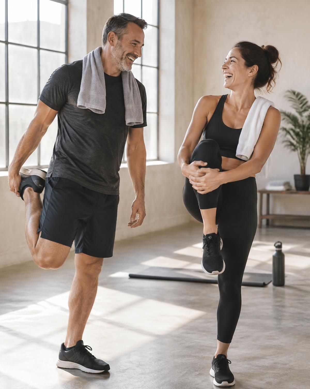 Two people laughing while stretching after a workout